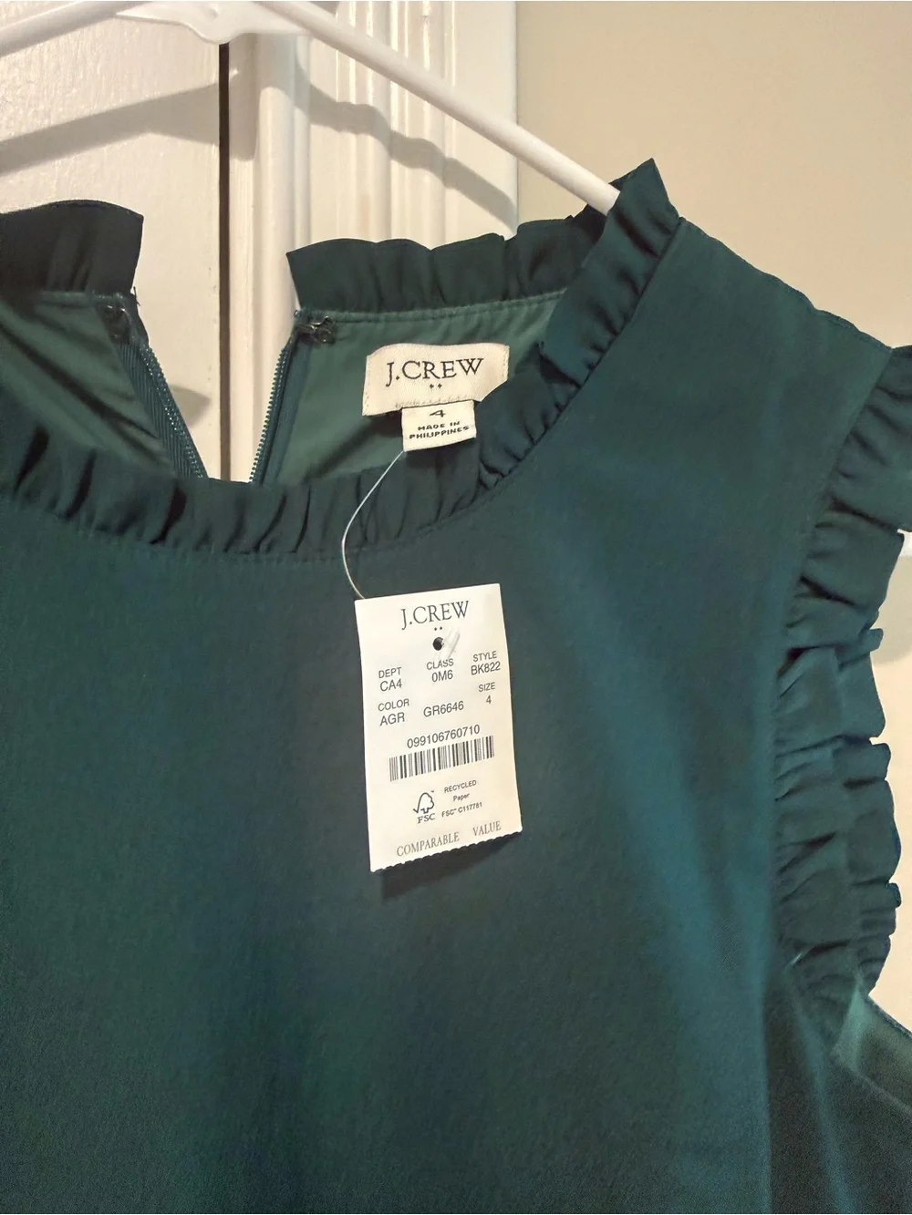 J. Crew Factory Dark Green Sleeveless Shift Dress with Ruffle Trim
